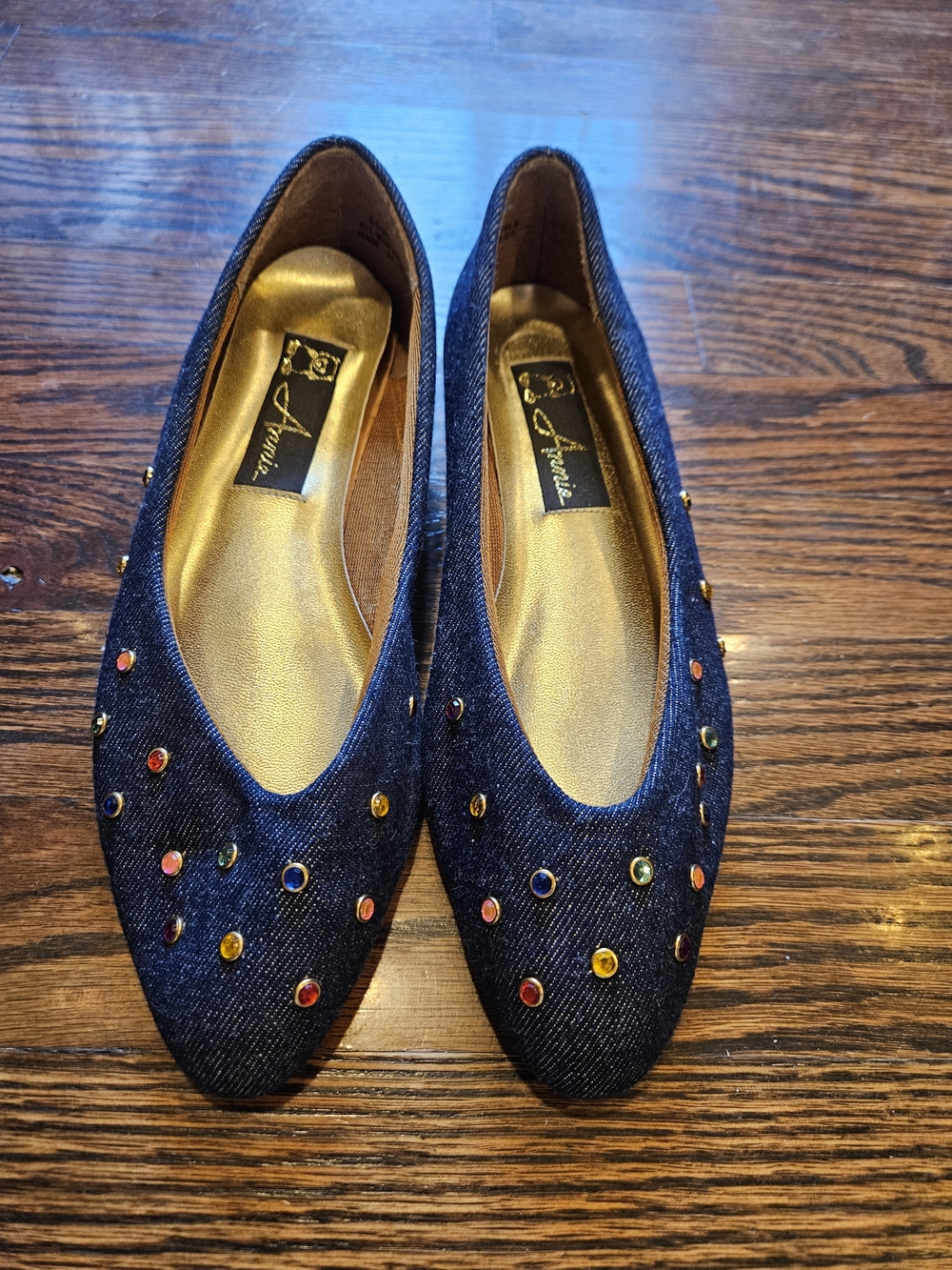 Vintage Annie Denim Jeweled Pointed-Toe Flats In 6.5
